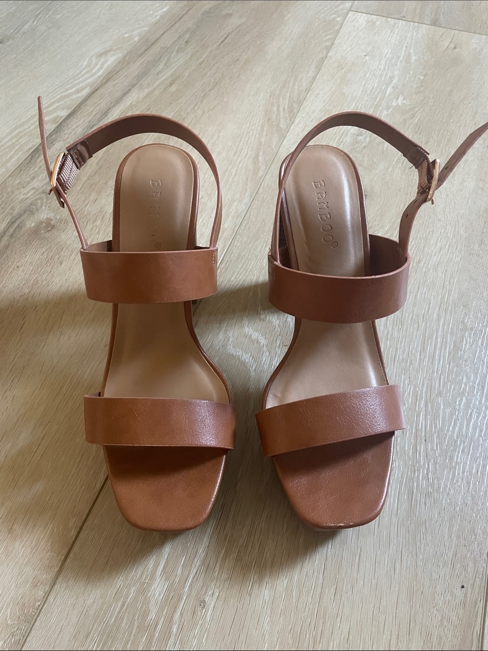 BAMBOO Cognac Double-Strap Block Heel Sandals